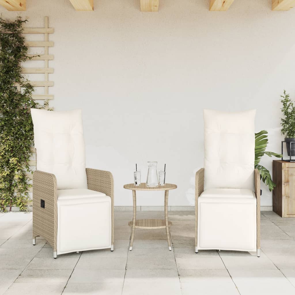 Tuinstoelen 2 st verstelbaar met kussens poly rattan beige