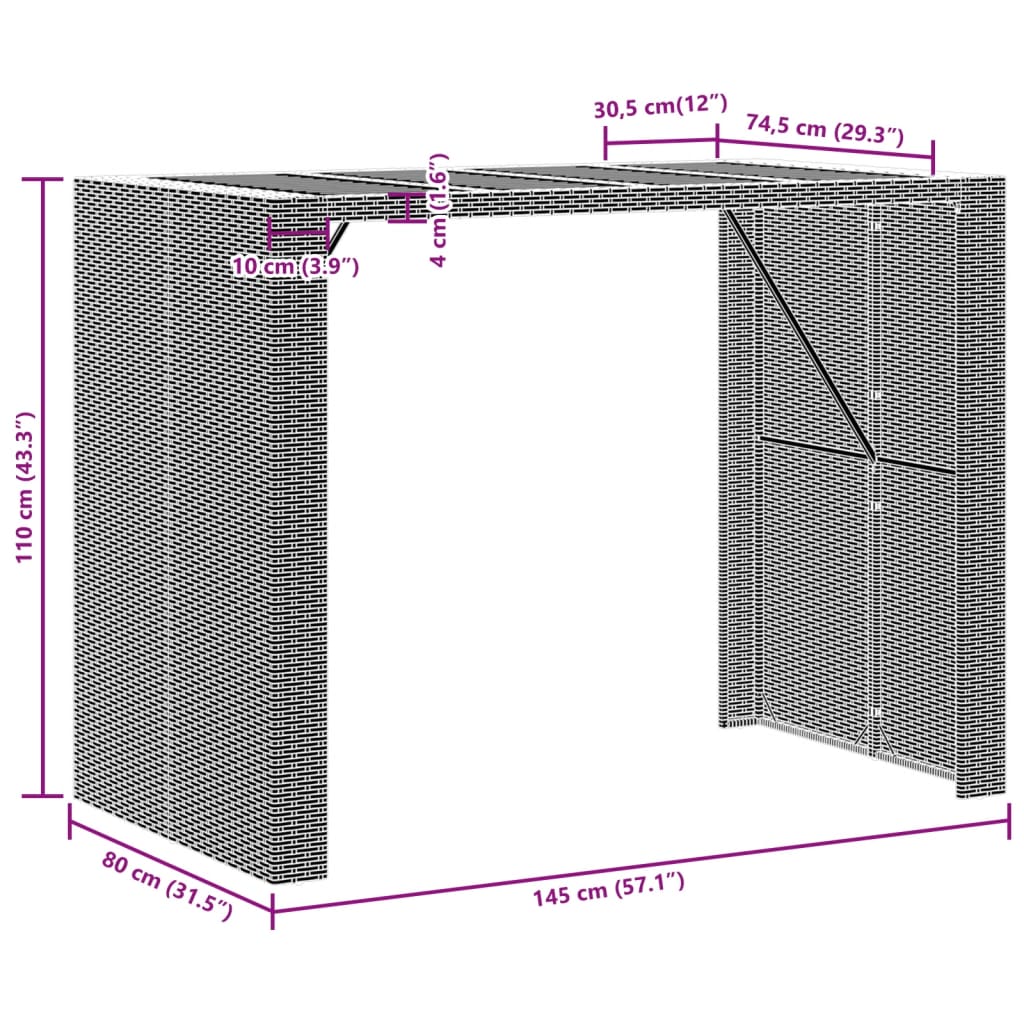 Tuinbartafel acaciahouten blad 145x80x110 cm poly rattan zwart