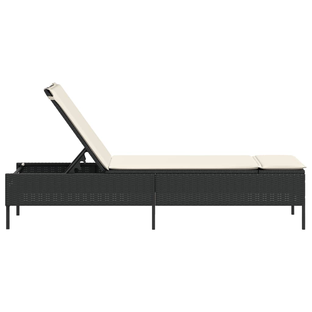 Ligbed met kussen poly rattan zwart