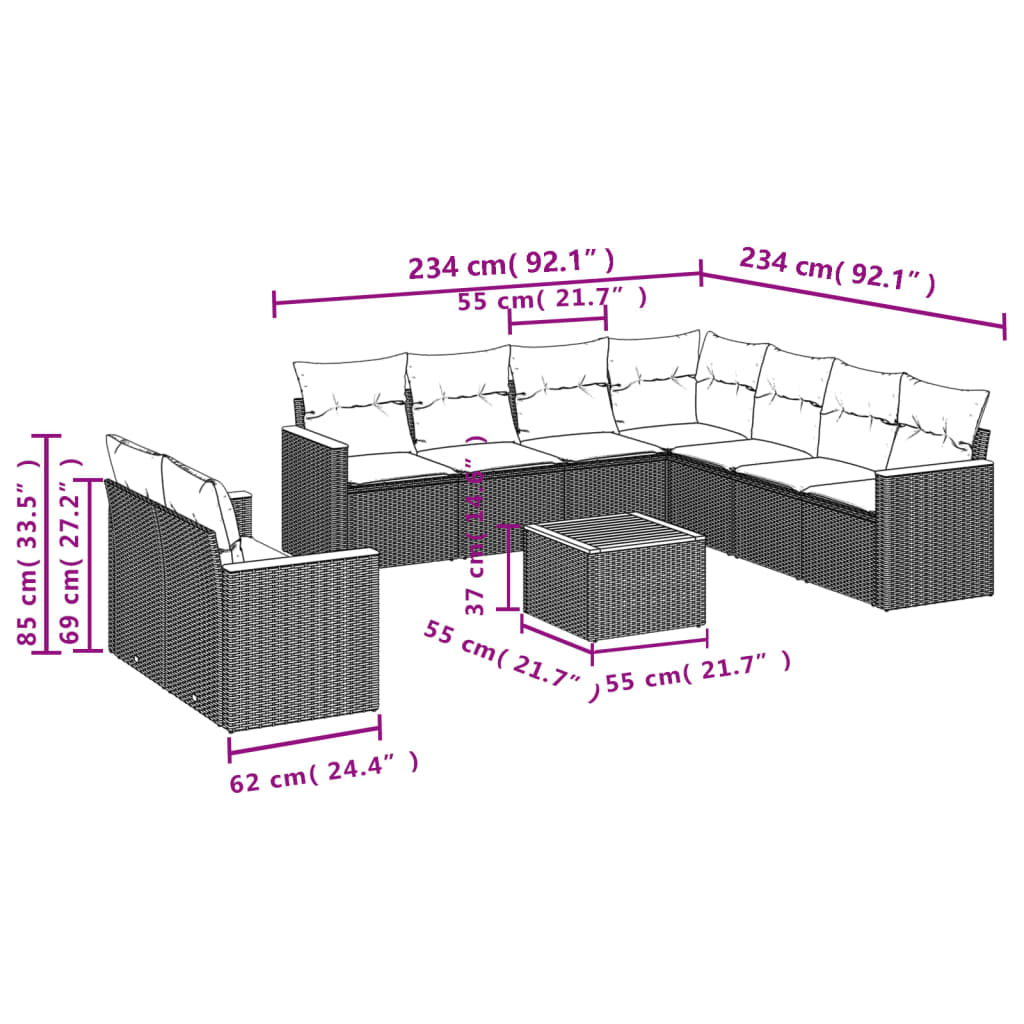 10-delige Loungeset met kussens poly rattan zwart