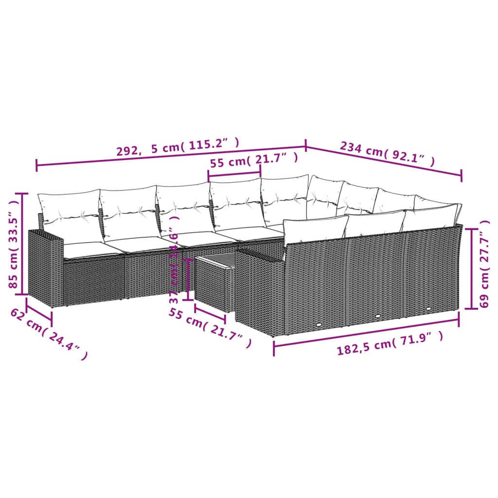 11-delige Loungeset met kussens poly rattan grijs