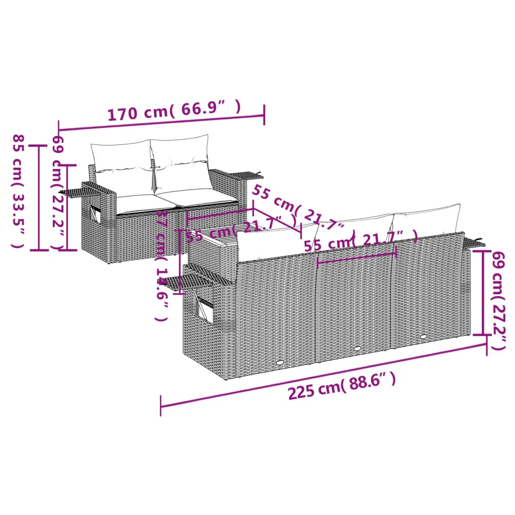 6-delige Loungeset met kussens poly rattan grijs