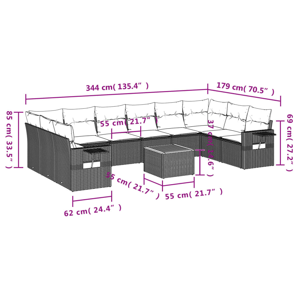 11-delige Loungeset met kussens poly rattan grijs