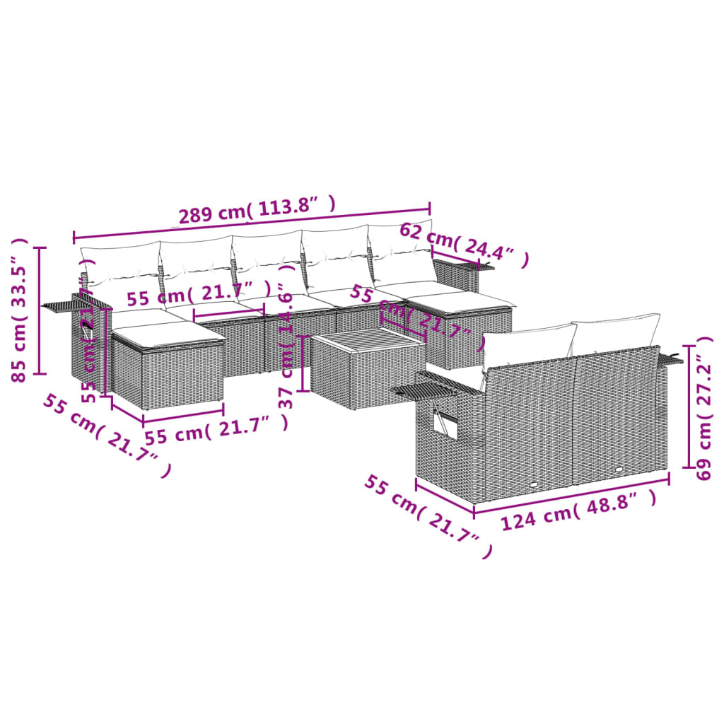10-delige Loungeset met kussens poly rattan zwart