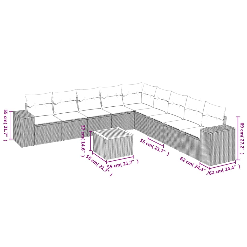 10-delige Loungeset met kussens poly rattan zwart