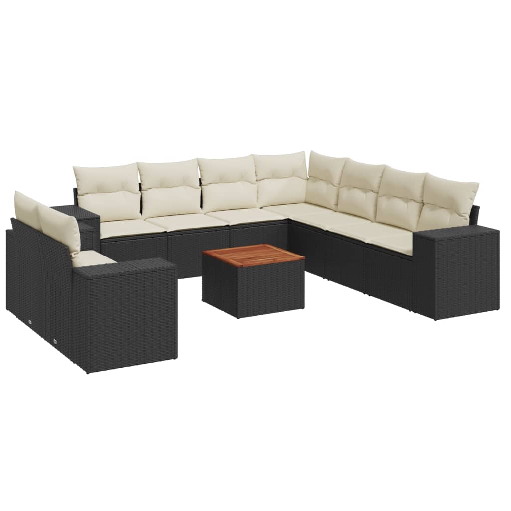 10-delige Loungeset met kussens poly rattan zwart