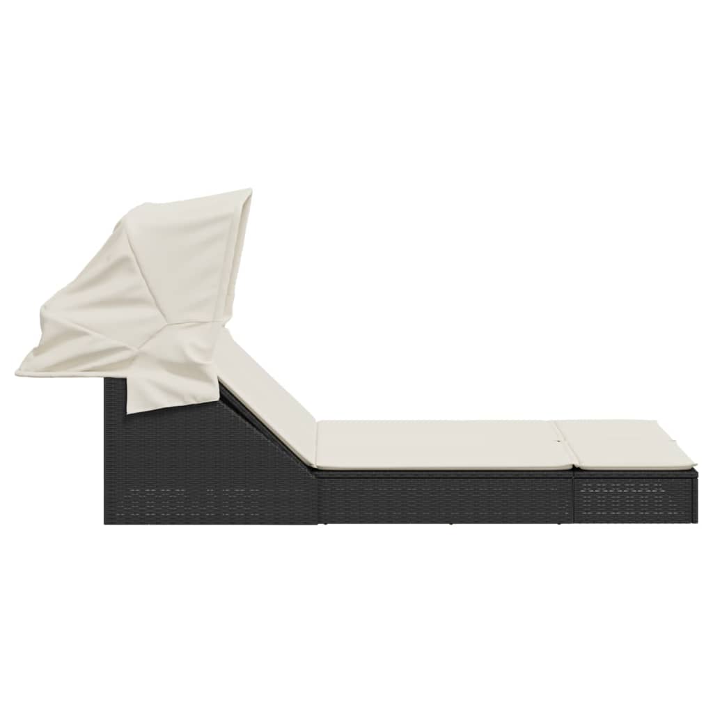 Ligbed 2-persoons met luifel en kussens poly rattan zwart