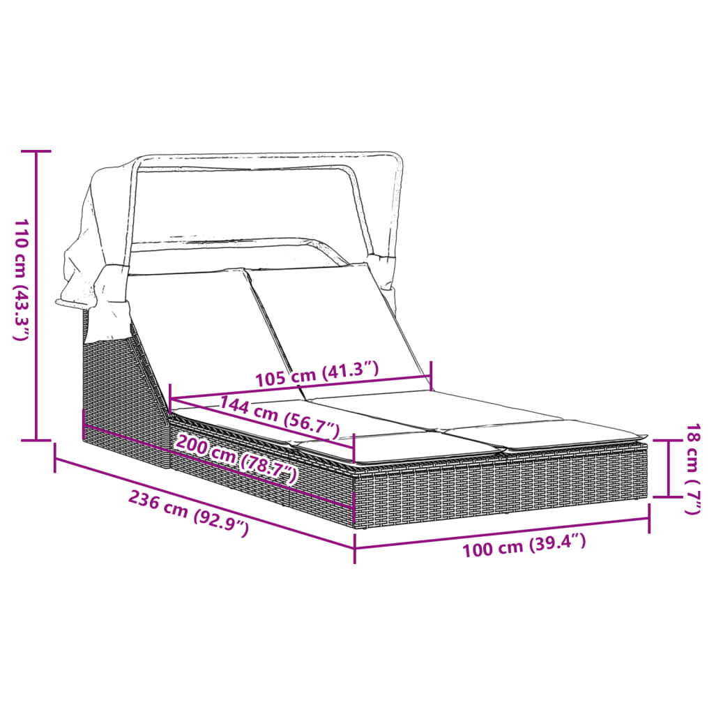 Ligbed 2-persoons met luifel en kussens poly rattan zwart