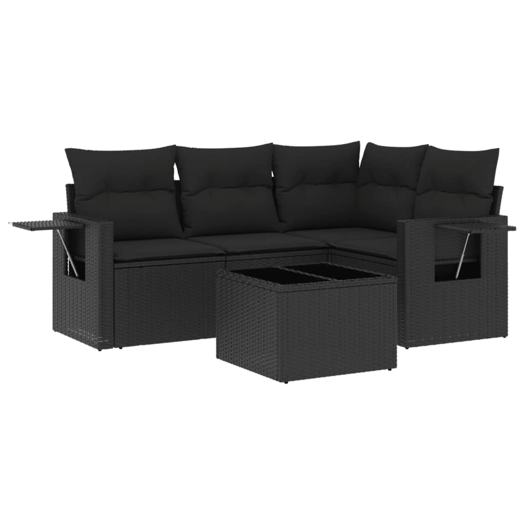 5-delige Loungeset met kussens poly rattan zwart