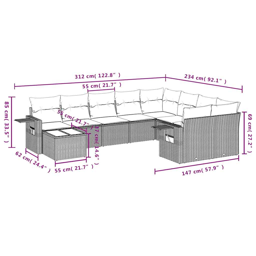 10-delige Loungeset met kussens poly rattan lichtgrijs