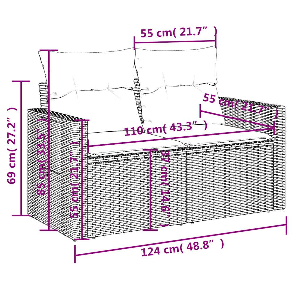 10-delige Loungeset met kussens poly rattan lichtgrijs