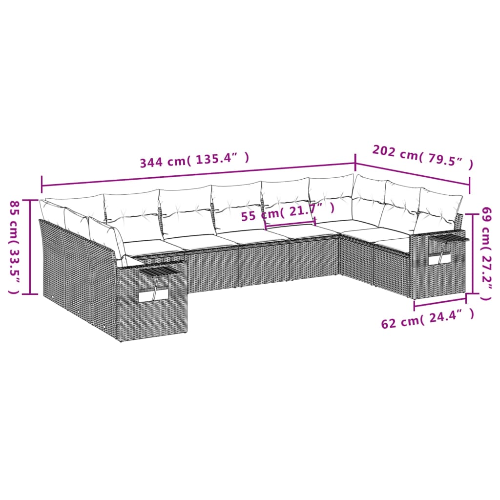 10-delige Loungeset met kussens poly rattan zwart