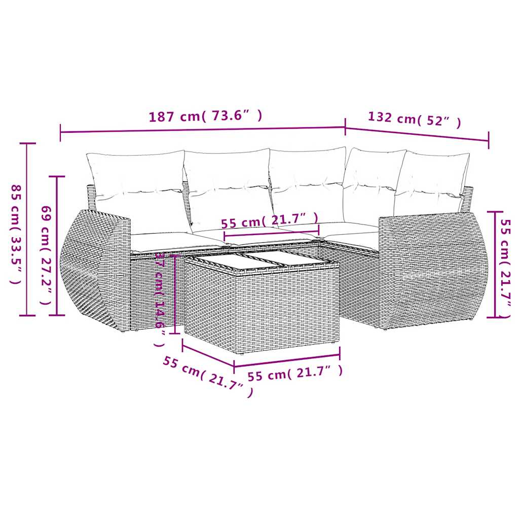 5-delige Loungeset met kussens poly rattan lichtgrijs