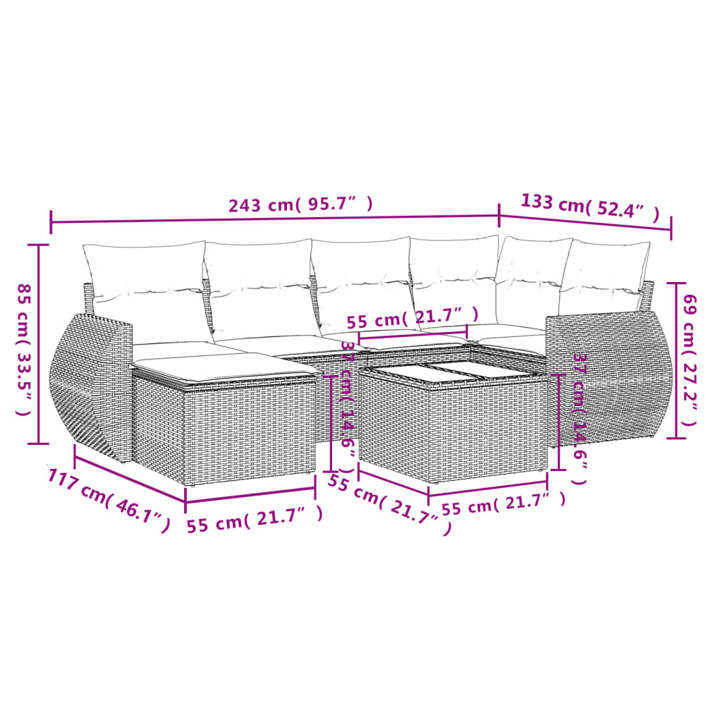 7-delige Loungeset met kussens poly rattan zwart