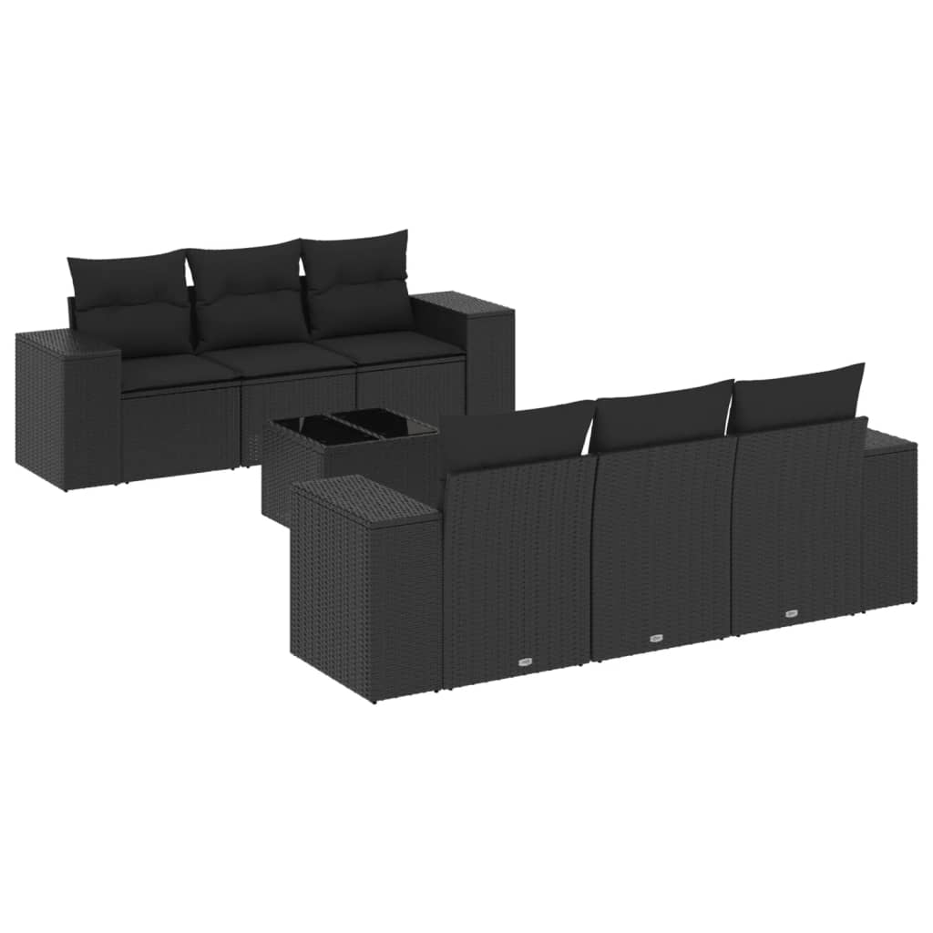 7-delige Loungeset met kussens poly rattan zwart