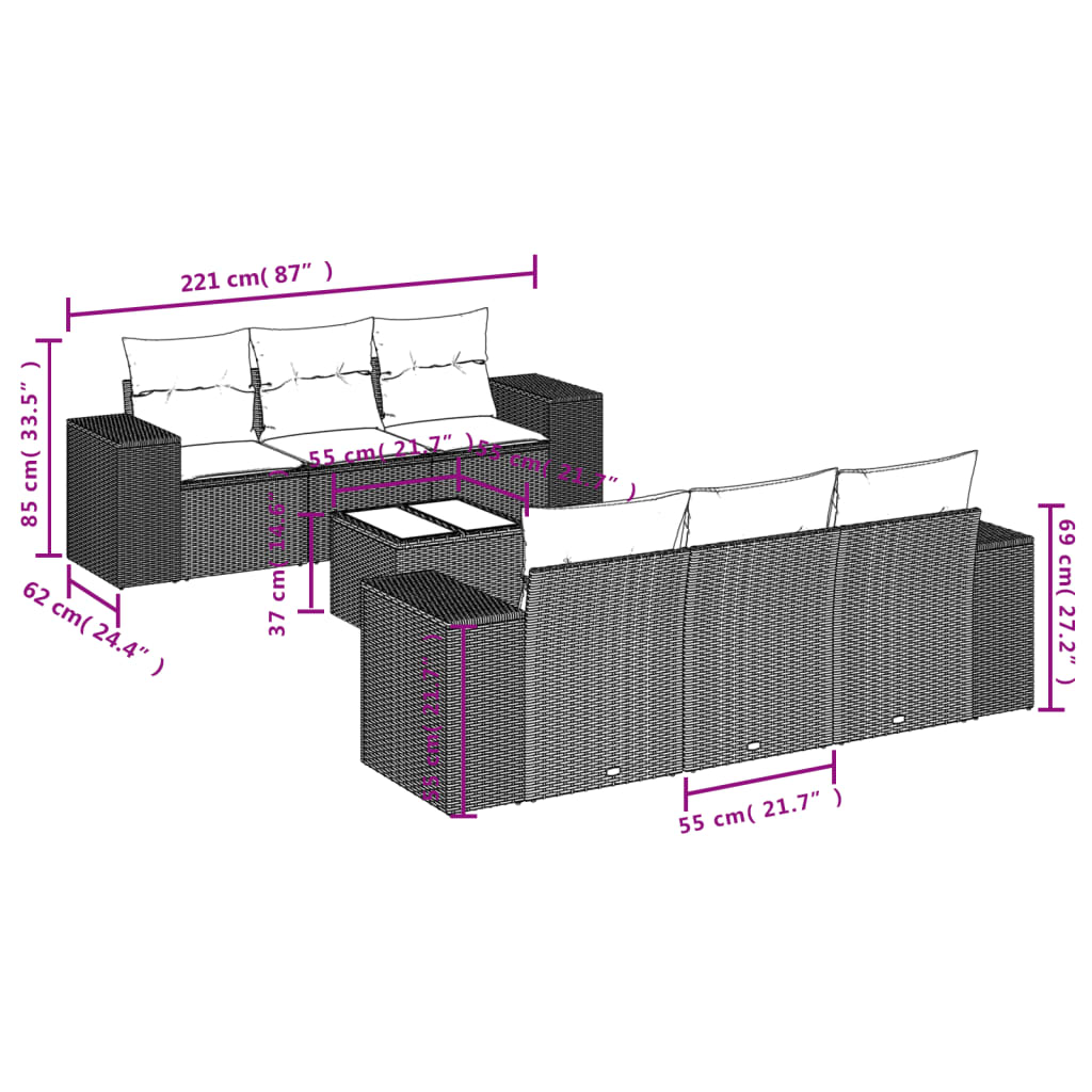 7-delige Loungeset met kussens poly rattan zwart
