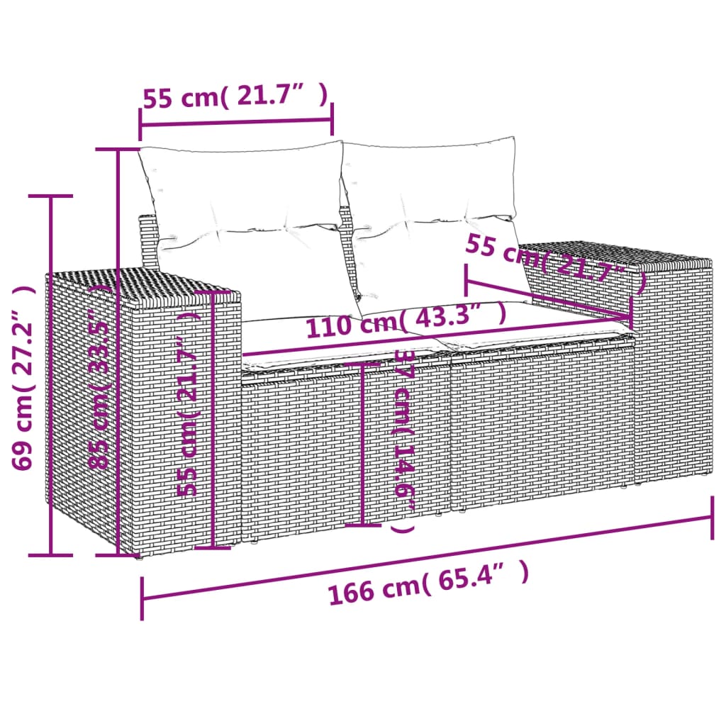 7-delige Loungeset met kussens poly rattan zwart