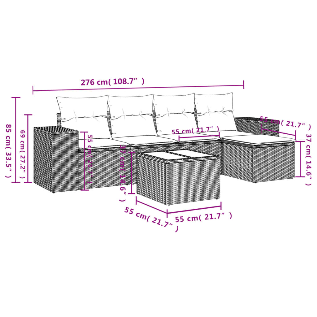 6-delige Loungeset met kussens poly rattan zwart