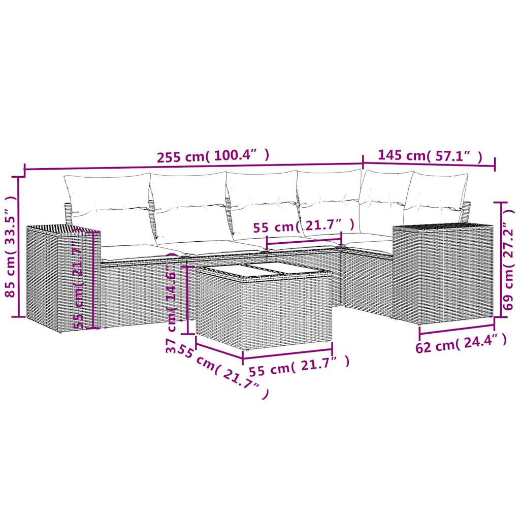 6-delige Loungeset met kussens poly rattan zwart