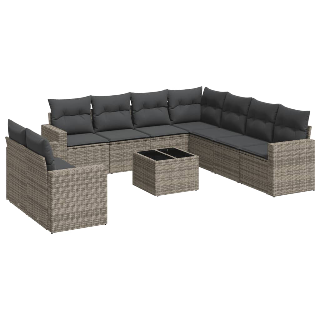 10-delige Loungeset met kussens poly rattan grijs