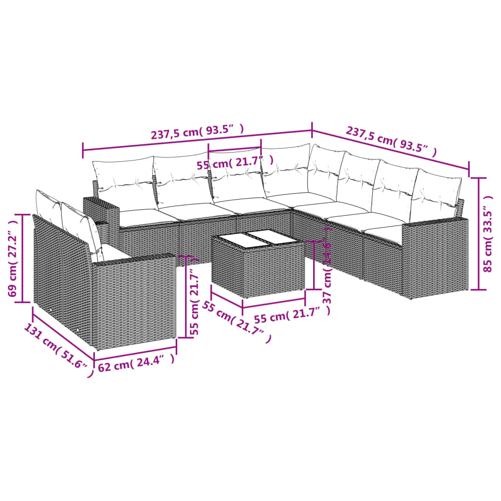 10-delige Loungeset met kussens poly rattan grijs