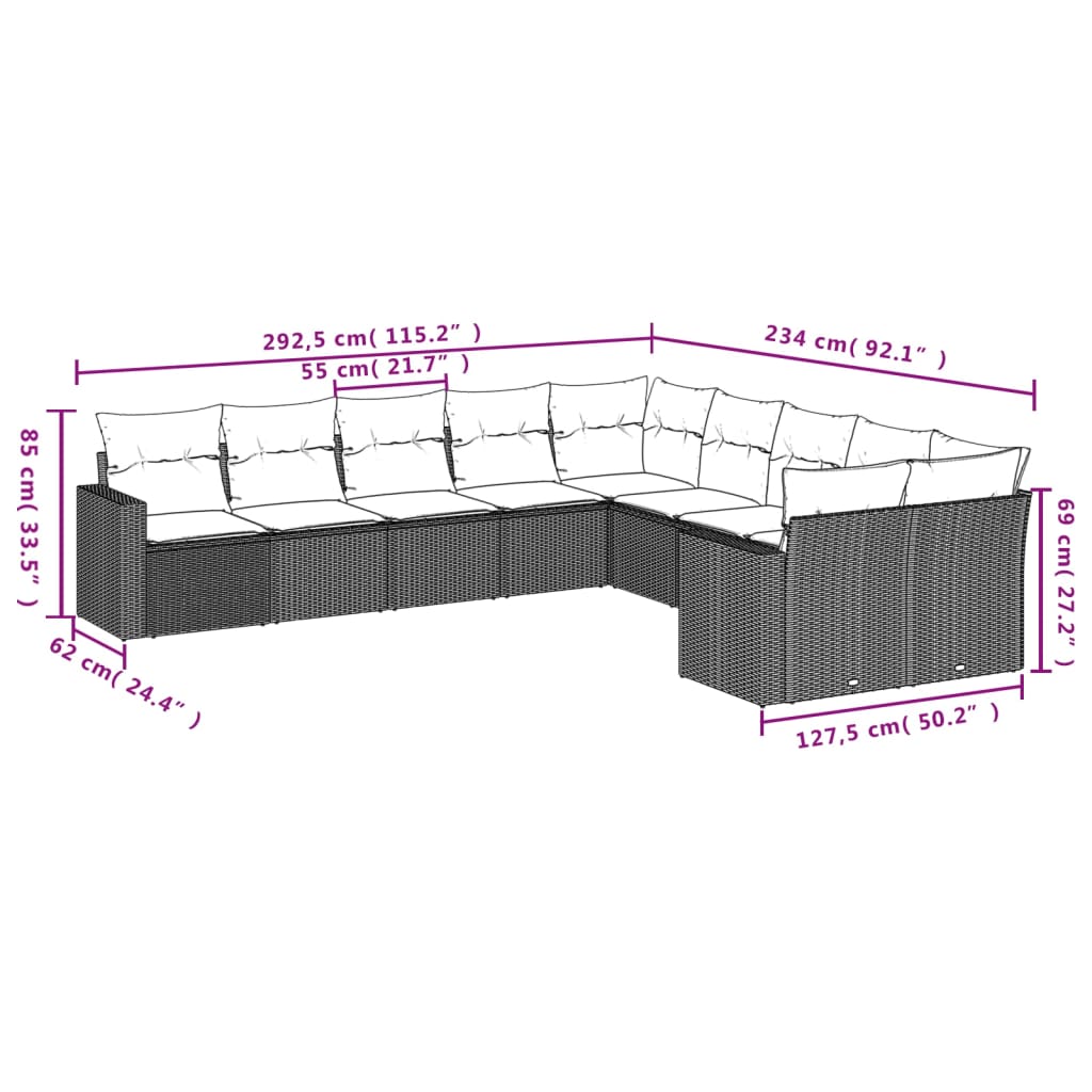 10-delige Loungeset met kussens poly rattan grijs