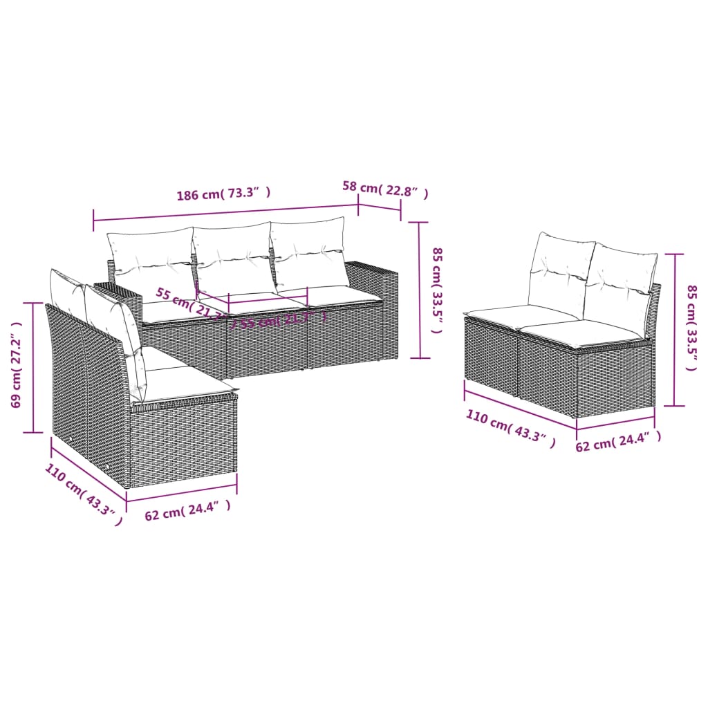 7-delige Loungeset met kussens poly rattan grijs