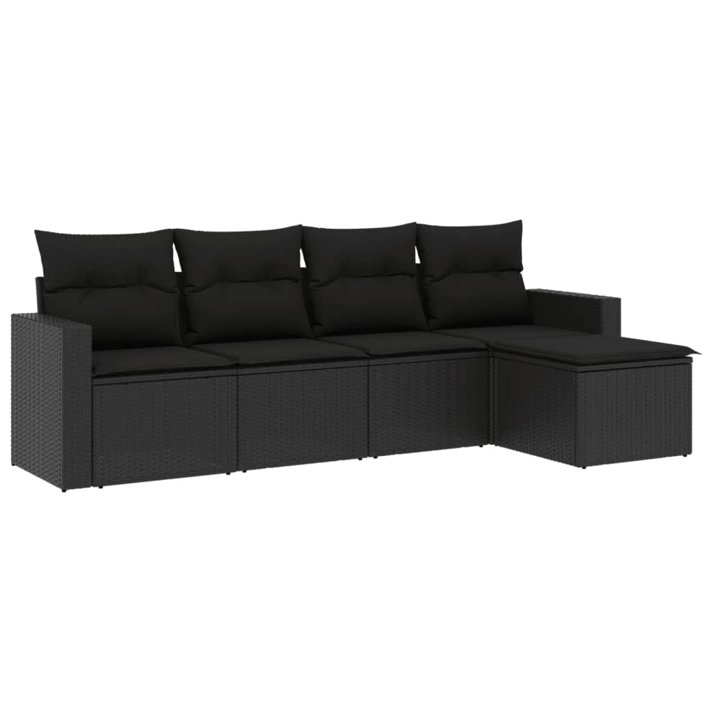 5-delige Loungeset met kussens poly rattan zwart