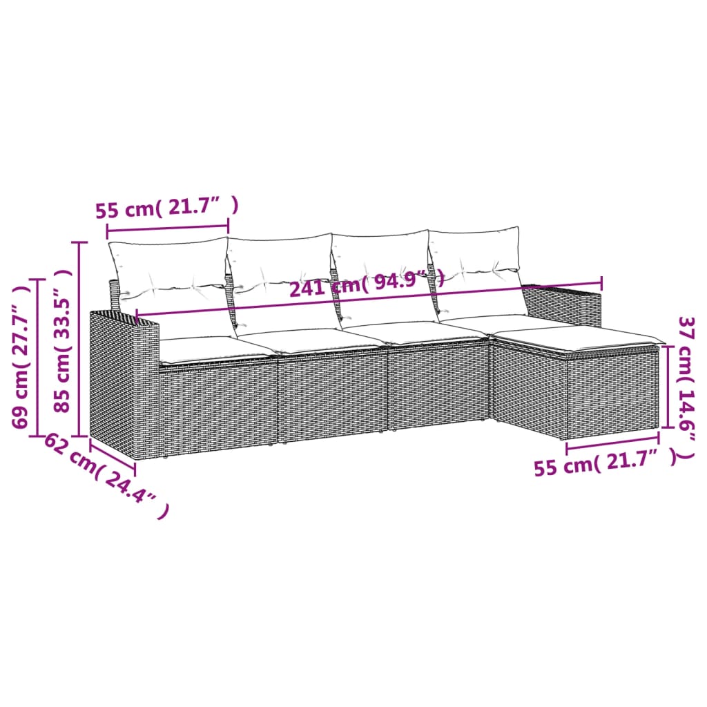 5-delige Loungeset met kussens poly rattan zwart