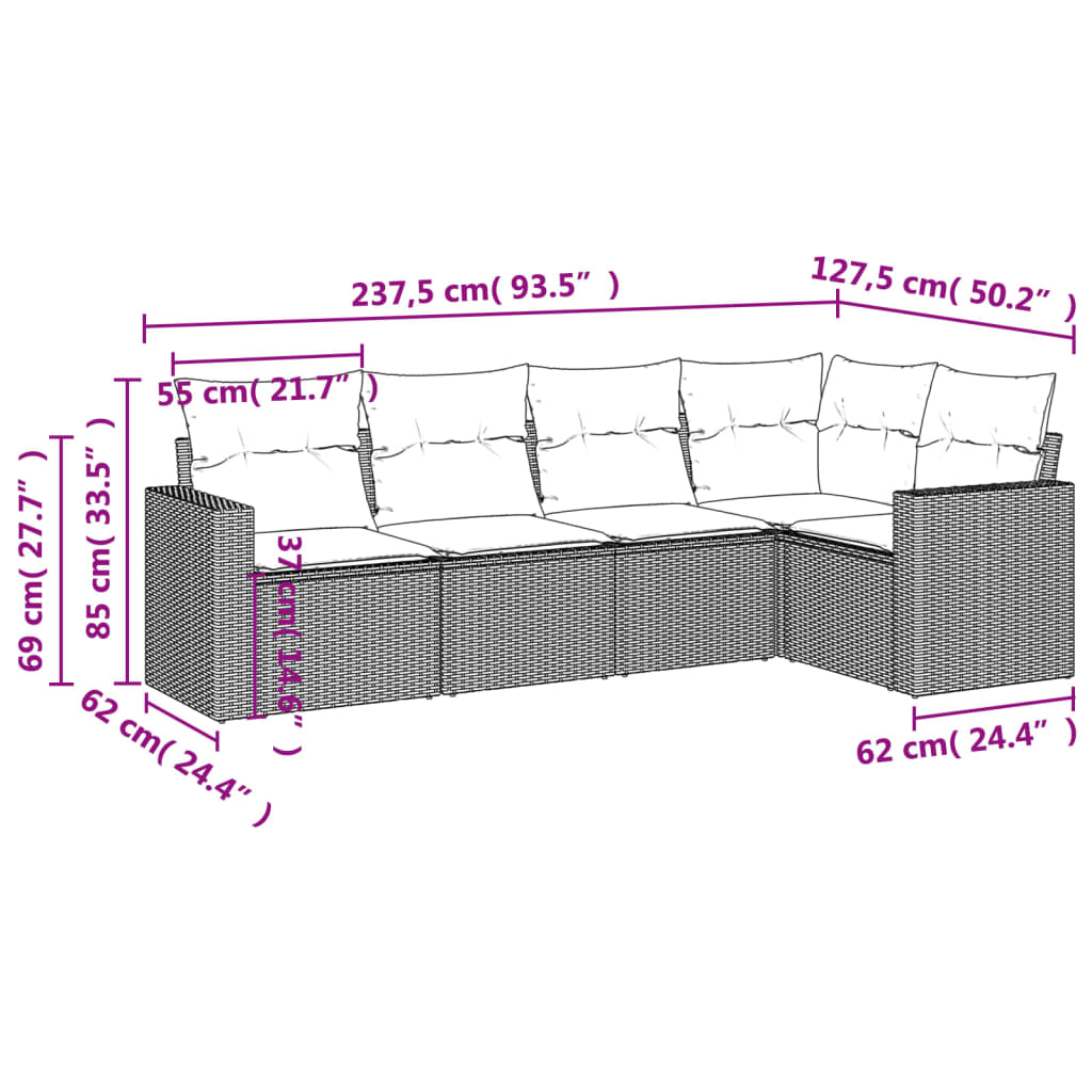 5-delige Loungeset met kussens poly rattan grijs