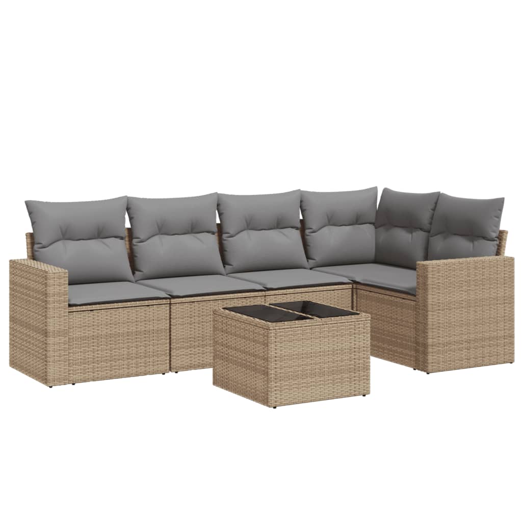 6-delige Loungeset met kussens poly rattan beige