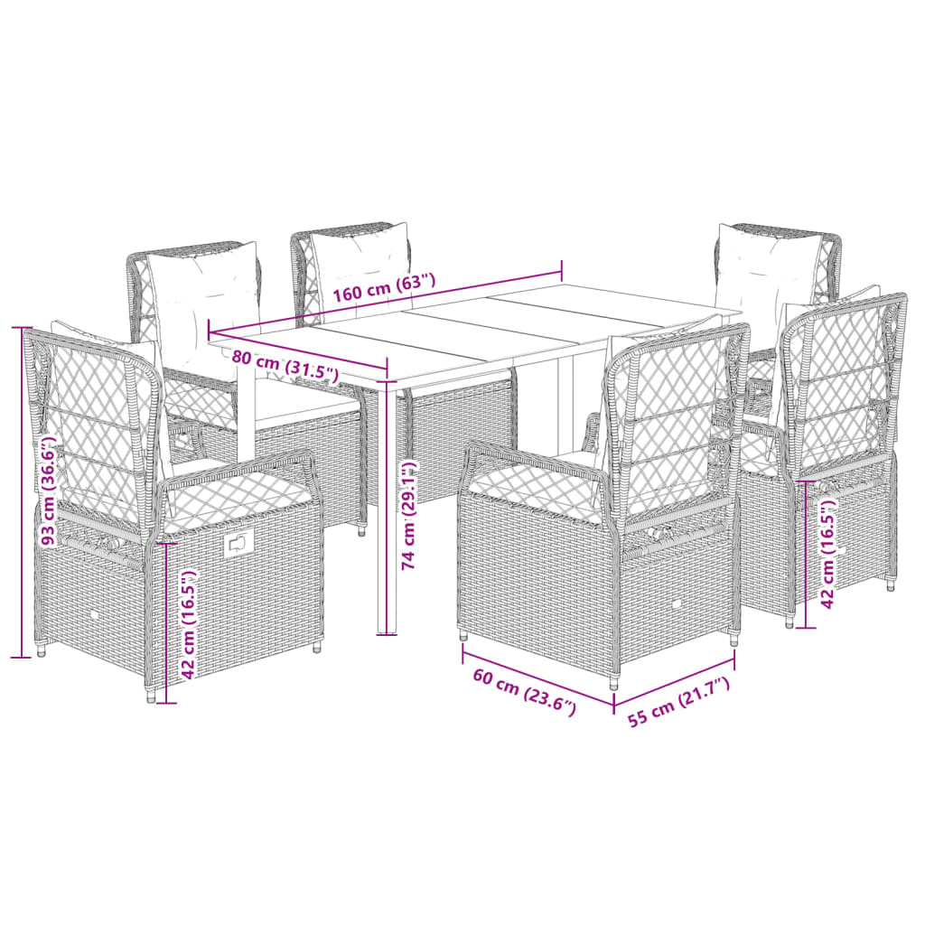 7-delige Tuinset met kussens poly rattan grijs