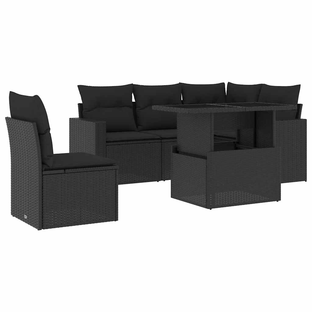 6-delige Loungeset met kussens poly rattan zwart