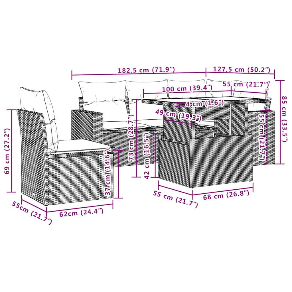 6-delige Loungeset met kussens poly rattan zwart