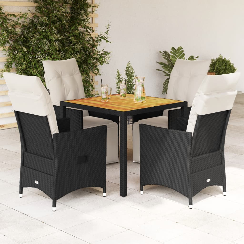 5-delige Tuinset met kussens poly rattan zwart
