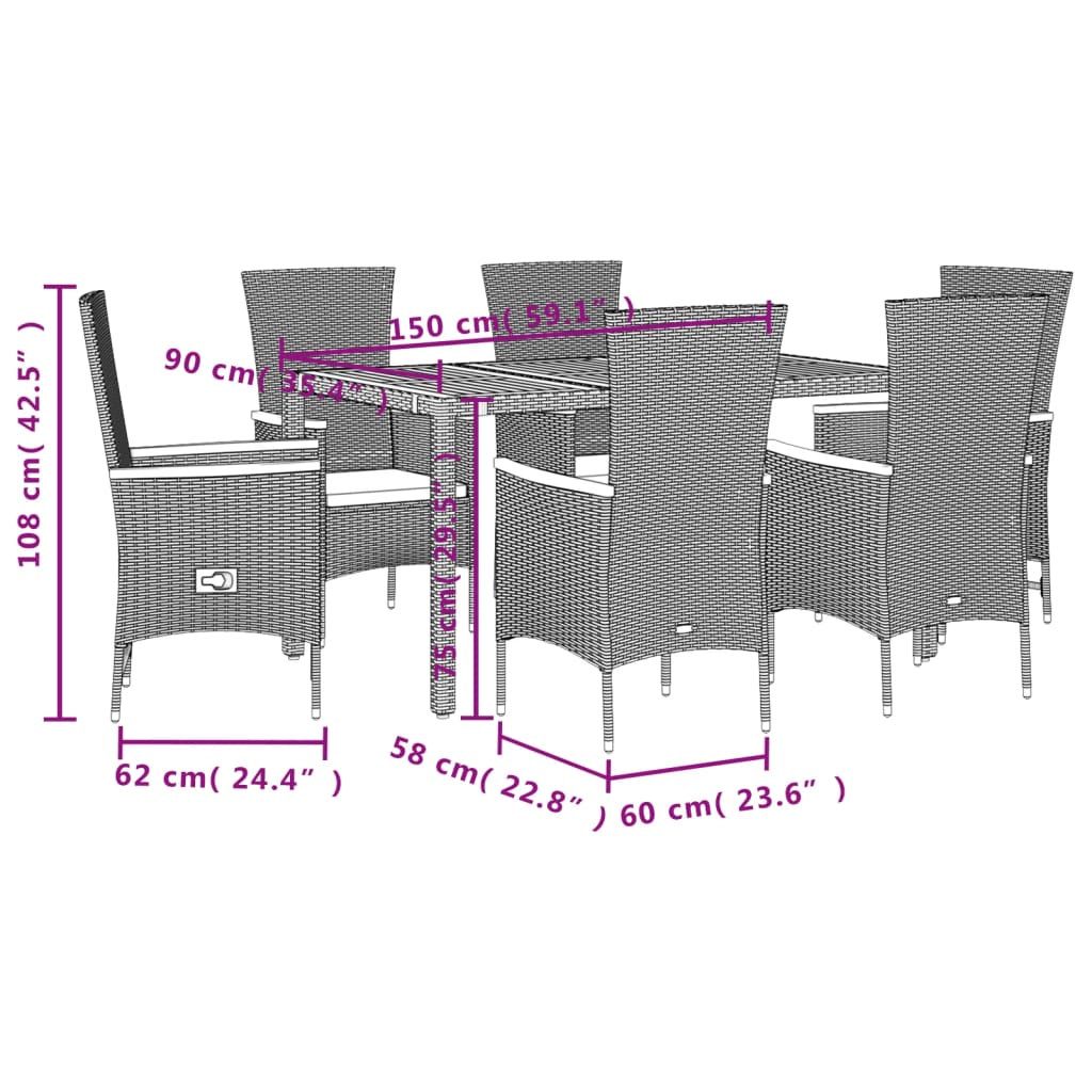 7-delige Tuinset met kussens poly rattan zwart