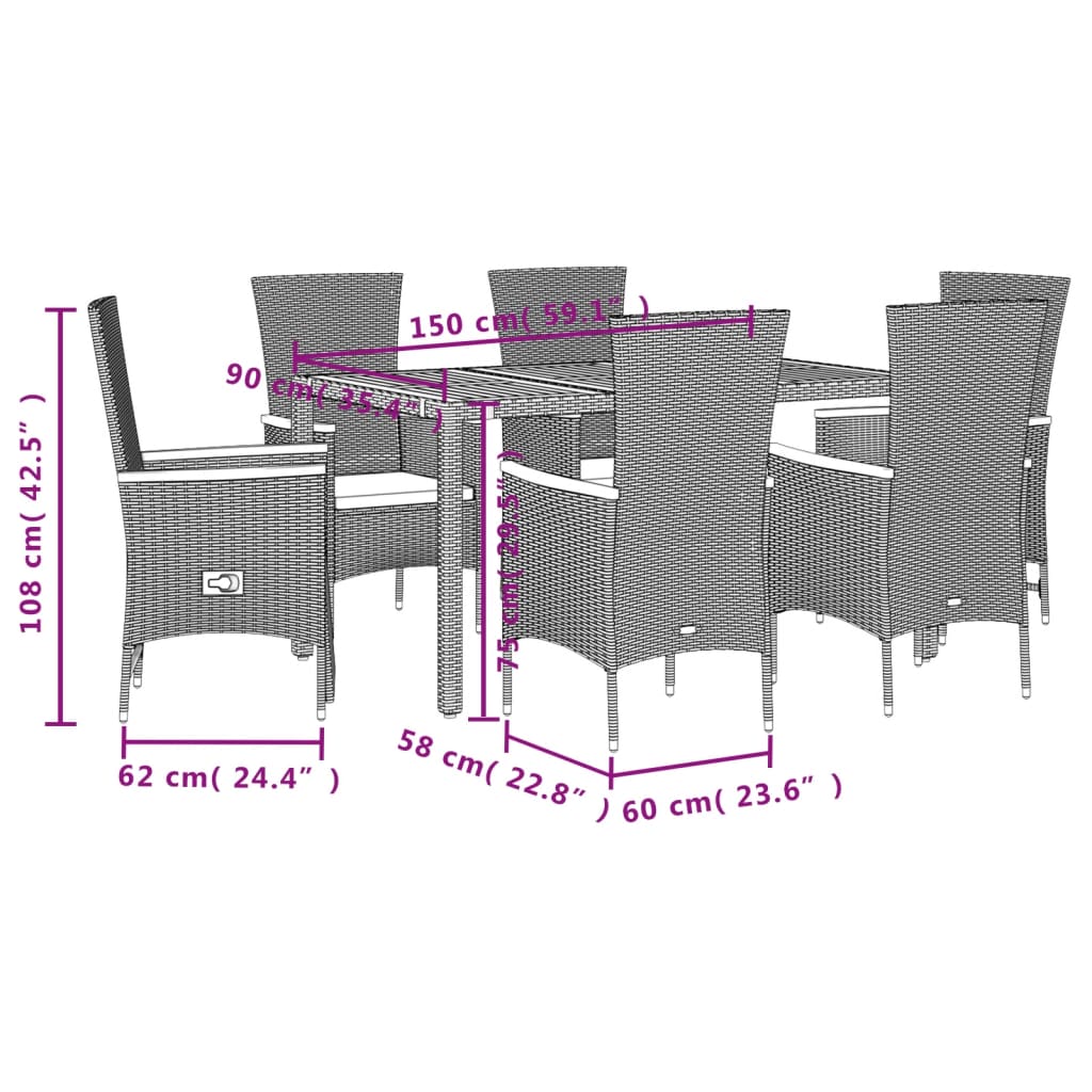 7-delige Tuinset met kussens poly rattan zwart