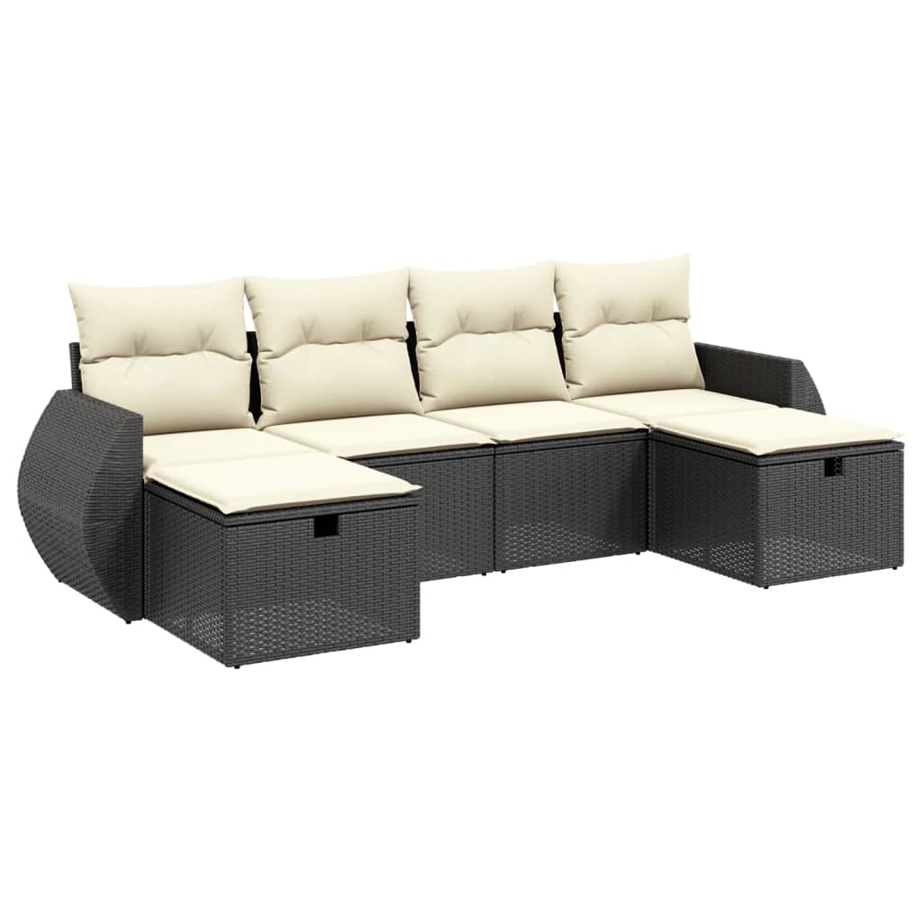 6-delige Loungeset met kussens poly rattan zwart