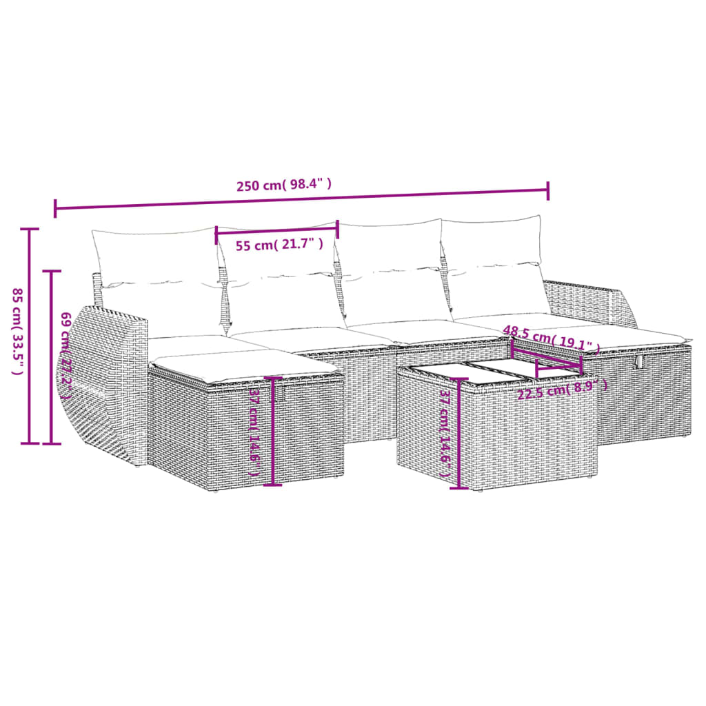 6-delige Loungeset met kussens poly rattan zwart