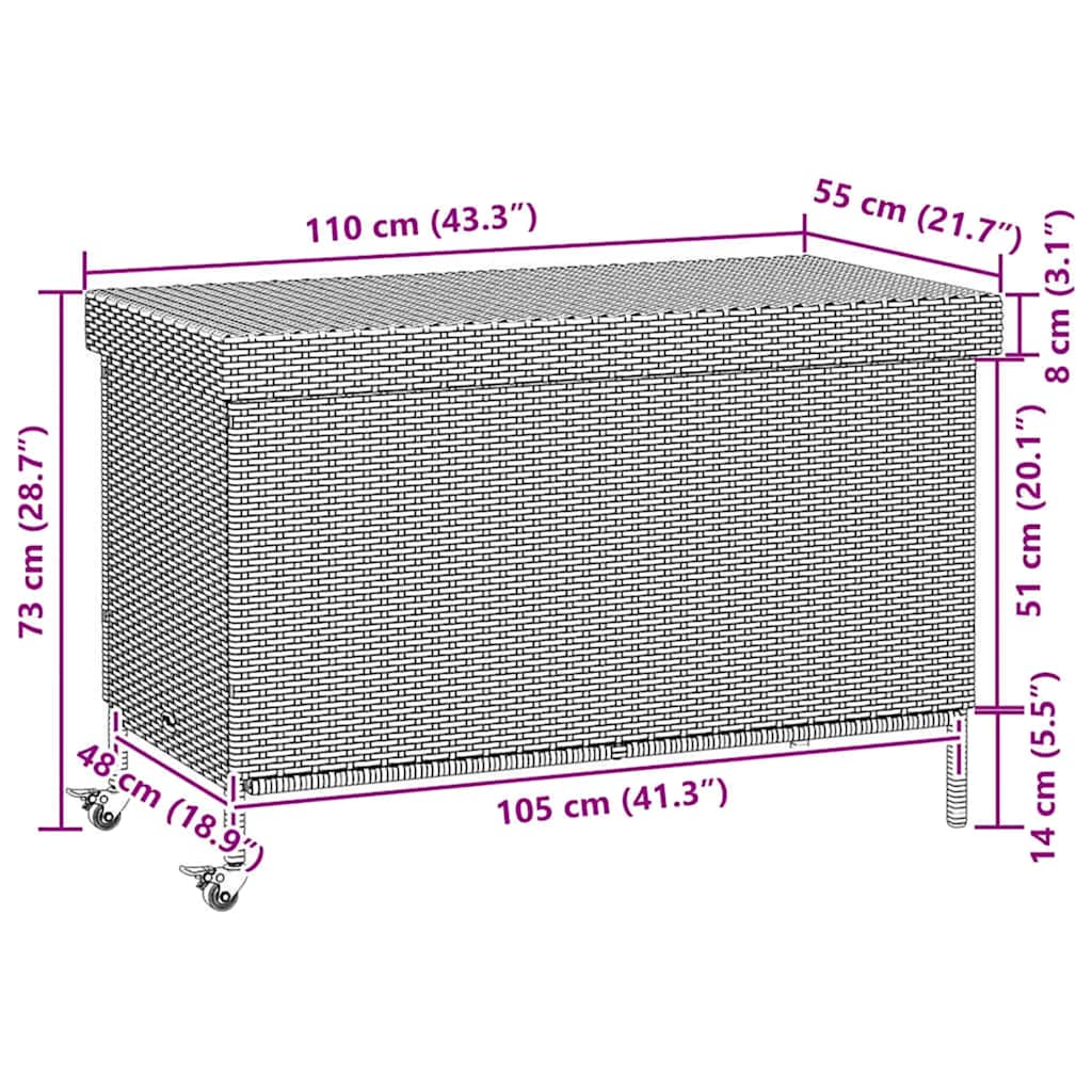 Tuinbox met wielen 110x55x73 cm poly rattan bruin