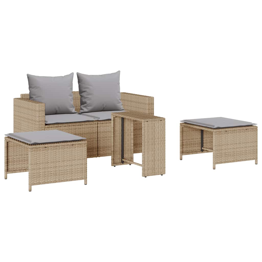 5-delige Tuinbankstel met kussens stapelbaar beige poly rattan