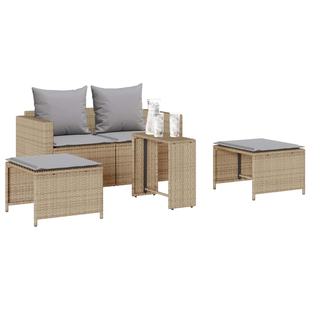 5-delige Tuinbankstel met kussens stapelbaar beige poly rattan