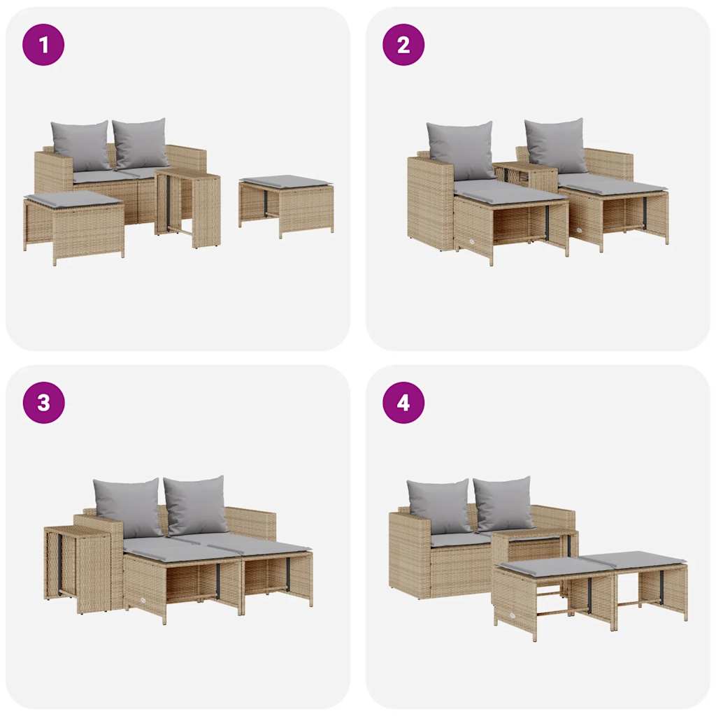 5-delige Tuinbankstel met kussens stapelbaar beige poly rattan