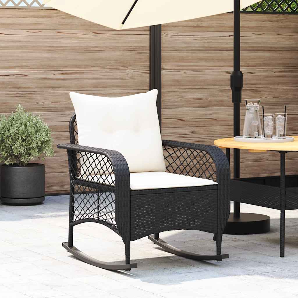 Tuinschommelstoel met kussens poly rattan zwart