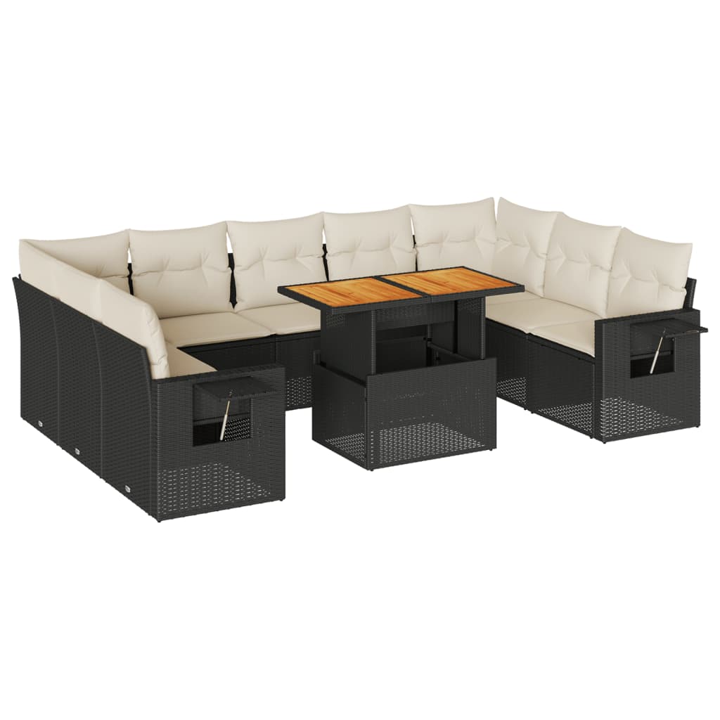 10-delige Loungeset met kussens poly rattan zwart