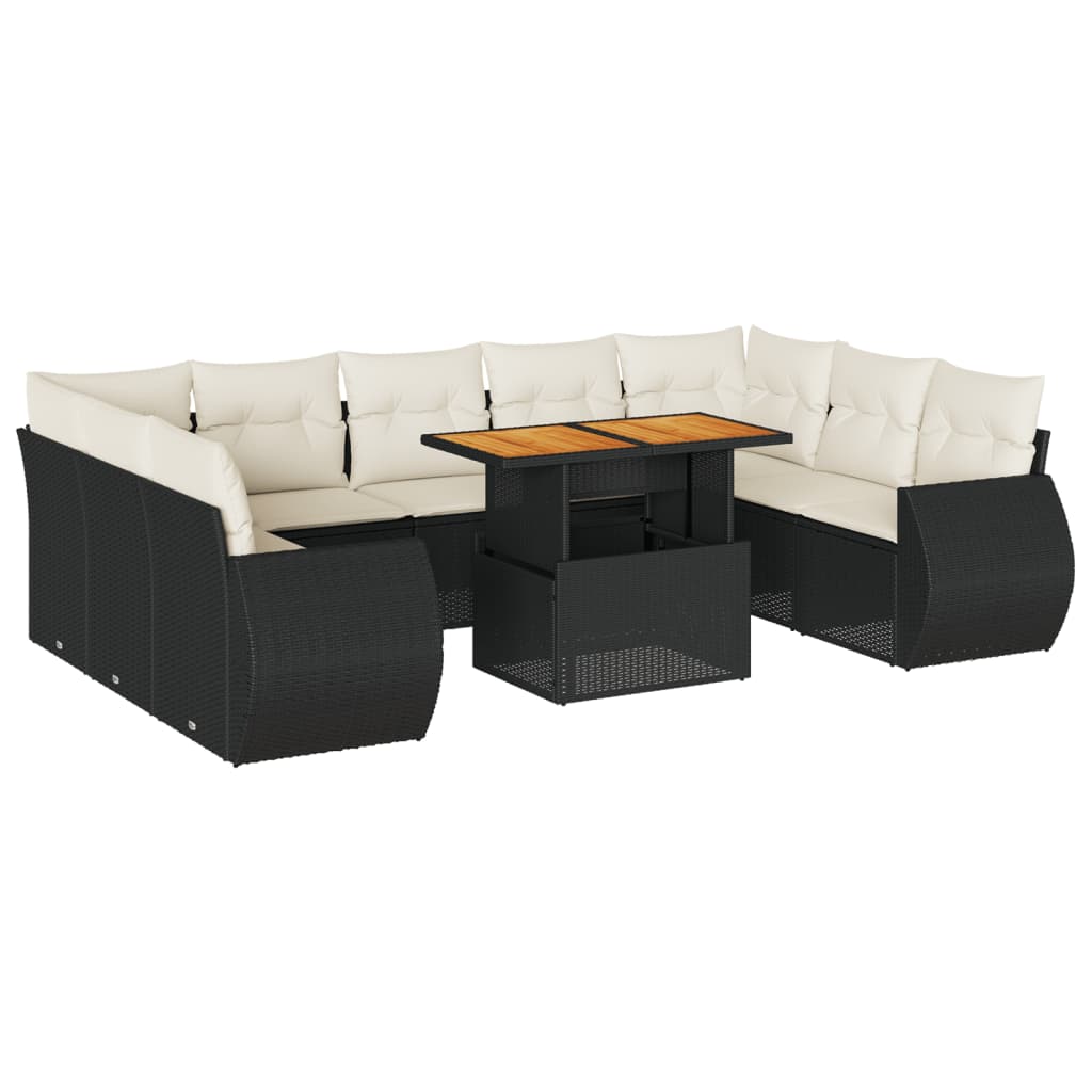 10-delige Loungeset met kussens poly rattan zwart