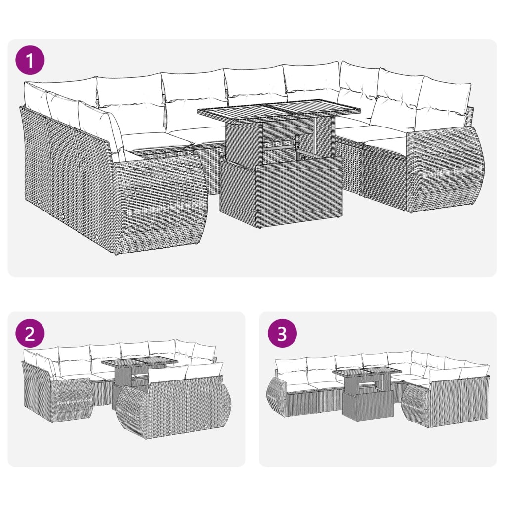 10-delige Loungeset met kussens poly rattan zwart
