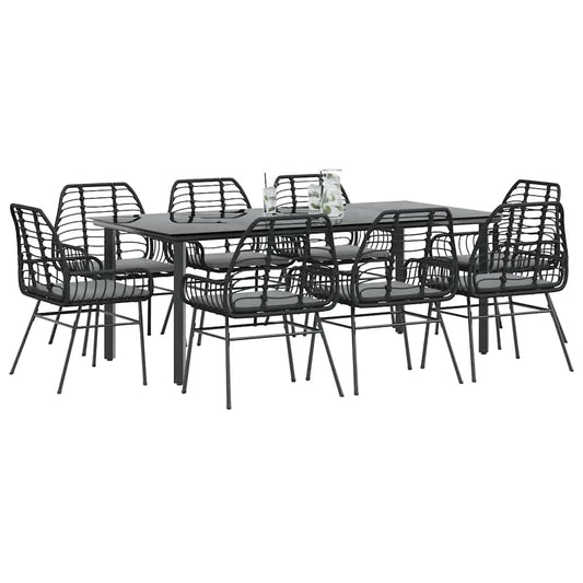 9-delige Tuinset met kussens poly rattan glas zwart
