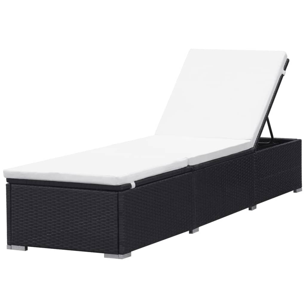 Ligbed met kussen poly rattan zwart