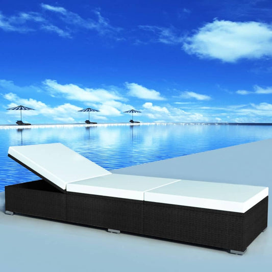 Ligbed met kussen poly rattan zwart